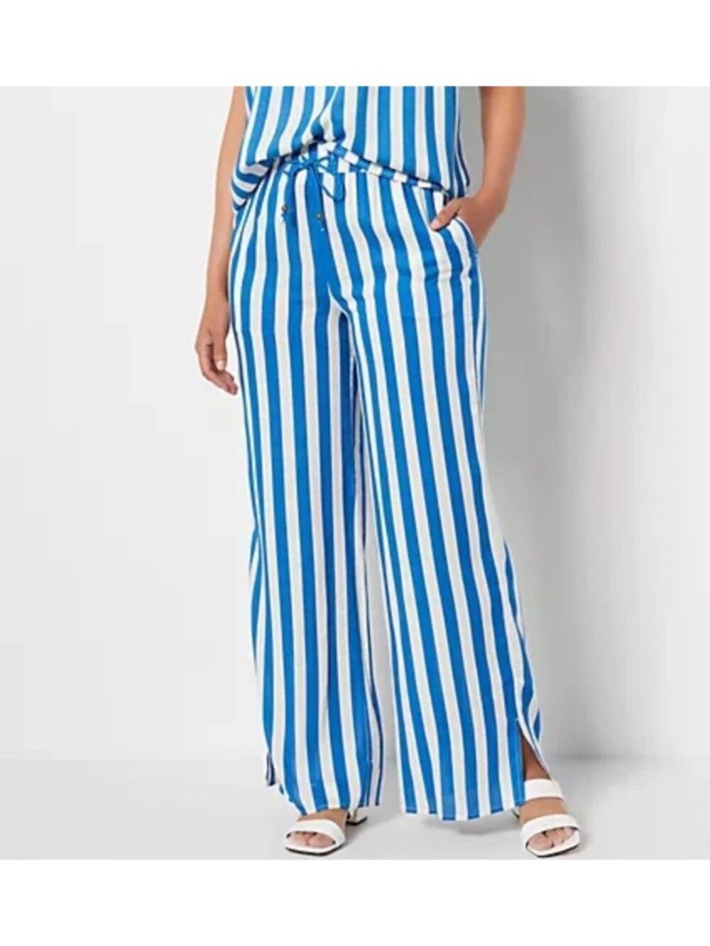 Candace Camern Bure Pant Large Regular Printed Wide Leg Side Slits Cobalt Stripe